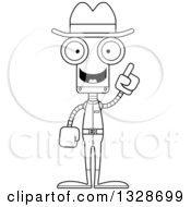 Lineart Clipart Of A Cartoon Black And White Skinny Cowboy Robot With An Idea Royalty Free Outline Vector Illustration