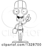 Lineart Clipart Of A Cartoon Black And White Skinny Robot Construction Worker With An Idea Royalty Free Outline Vector Illustration