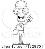 Lineart Clipart Of A Cartoon Black And White Skinny Robot Sports Coach With An Idea Royalty Free Outline Vector Illustration