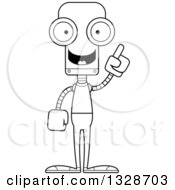 Lineart Clipart Of A Cartoon Black And White Skinny Casual Robot With An Idea Royalty Free Outline Vector Illustration