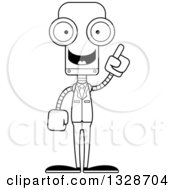 Lineart Clipart Of A Cartoon Black And White Skinny Business Robot With An Idea Royalty Free Outline Vector Illustration