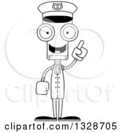 Lineart Clipart Of A Cartoon Black And White Skinny Robot Boat Captain With An Idea Royalty Free Outline Vector Illustration