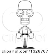 Lineart Clipart Of A Cartoon Black And White Skinny Mad Robot Soldier Royalty Free Outline Vector Illustration