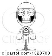 Lineart Clipart Of A Cartoon Black And White Skinny Mad Robot Astronaut Royalty Free Outline Vector Illustration