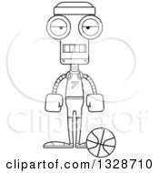 Lineart Clipart Of A Cartoon Black And White Skinny Mad Robot Basketball Player Royalty Free Outline Vector Illustration