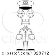 Lineart Clipart Of A Cartoon Black And White Skinny Mad Robot Boat Captain Royalty Free Outline Vector Illustration