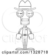 Lineart Clipart Of A Cartoon Black And White Skinny Mad Robot Cowboy Royalty Free Outline Vector Illustration