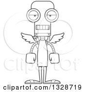 Lineart Clipart Of A Cartoon Black And White Skinny Mad Cupid Robot Royalty Free Outline Vector Illustration