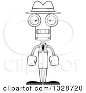 Lineart Clipart Of A Cartoon Black And White Skinny Mad Detective Robot Royalty Free Outline Vector Illustration