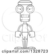 Lineart Clipart Of A Cartoon Black And White Skinny Mad Fitness Robot Royalty Free Outline Vector Illustration