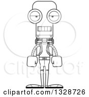 Lineart Clipart Of A Cartoon Black And White Skinny Mad Hiker Robot Royalty Free Outline Vector Illustration