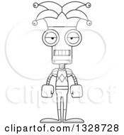 Lineart Clipart Of A Cartoon Black And White Skinny Mad Jester Robot Royalty Free Outline Vector Illustration