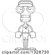 Lineart Clipart Of A Cartoon Black And White Skinny Mad Lifeguard Robot Royalty Free Outline Vector Illustration