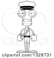 Lineart Clipart Of A Cartoon Black And White Skinny Mad Robot Mailman Royalty Free Outline Vector Illustration