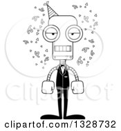 Lineart Clipart Of A Cartoon Black And White Skinny Mad Party Robot Royalty Free Outline Vector Illustration