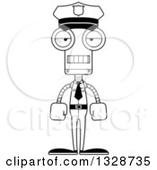 Lineart Clipart Of A Cartoon Black And White Skinny Mad Robot Police Officer Royalty Free Outline Vector Illustration