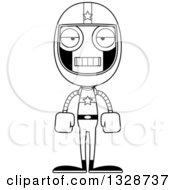Lineart Clipart Of A Cartoon Black And White Skinny Mad Race Car Driver Robot Royalty Free Outline Vector Illustration