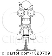 Lineart Clipart Of A Cartoon Black And White Skinny Mad Robin Hood Robot Royalty Free Outline Vector Illustration