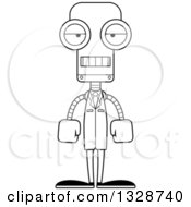Lineart Clipart Of A Cartoon Black And White Skinny Mad Robot Scientist Royalty Free Outline Vector Illustration