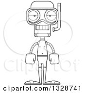 Lineart Clipart Of A Cartoon Black And White Skinny Bored Robot In Snorkel Gear Royalty Free Outline Vector Illustration