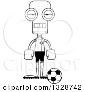 Lineart Clipart Of A Cartoon Black And White Skinny Bored Robot Soccer Player Royalty Free Outline Vector Illustration