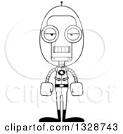 Lineart Clipart Of A Cartoon Black And White Skinny Bored Space Robot Royalty Free Outline Vector Illustration