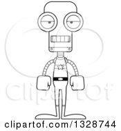 Lineart Clipart Of A Cartoon Black And White Skinny Bored Robot Royalty Free Outline Vector Illustration