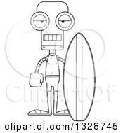 Lineart Clipart Of A Cartoon Black And White Skinny Bored Robot Surfer Royalty Free Outline Vector Illustration