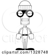 Lineart Clipart Of A Cartoon Black And White Skinny Bored Robot Robber Royalty Free Outline Vector Illustration