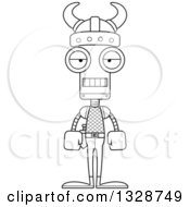 Lineart Clipart Of A Cartoon Black And White Skinny Bored Viking Robot Royalty Free Outline Vector Illustration