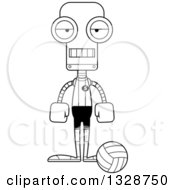 Lineart Clipart Of A Cartoon Black And White Skinny Bored Robot Volleyball Player Royalty Free Outline Vector Illustration
