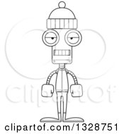 Lineart Clipart Of A Cartoon Black And White Skinny Bored Robot In Winter Clothes Royalty Free Outline Vector Illustration
