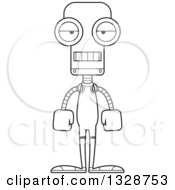 Lineart Clipart Of A Cartoon Black And White Skinny Bored Robot Wrestler Royalty Free Outline Vector Illustration