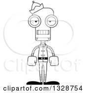 Lineart Clipart Of A Cartoon Black And White Skinny Bored Christmas Elf Robot Royalty Free Outline Vector Illustration