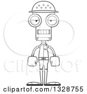 Lineart Clipart Of A Cartoon Black And White Skinny Mad Robot Zookeeper Royalty Free Outline Vector Illustration