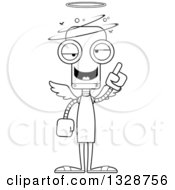 Lineart Clipart Of A Cartoon Black And White Skinny Dizzy Robot Angel Holding Up A Finger Royalty Free Outline Vector Illustration
