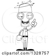 Lineart Clipart Of A Cartoon Black And White Skinny Dizzy Robot Soldier With An Idea Royalty Free Outline Vector Illustration