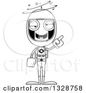 Lineart Clipart Of A Cartoon Black And White Skinny Dizzy Robot Astronaut With An Idea Royalty Free Outline Vector Illustration