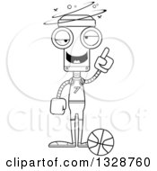 Lineart Clipart Of A Cartoon Black And White Skinny Drunk Or Dizzy Robot Basketball Player Royalty Free Outline Vector Illustration