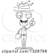 Lineart Clipart Of A Cartoon Black And White Skinny Drunk Or Dizzy Cowboy Robot Royalty Free Outline Vector Illustration