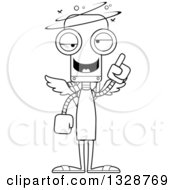 Lineart Clipart Of A Cartoon Black And White Skinny Drunk Or Dizzy Robot Cupid Royalty Free Outline Vector Illustration