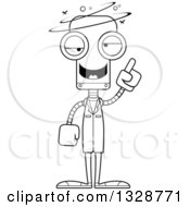 Lineart Clipart Of A Cartoon Black And White Skinny Drunk Or Dizzy Robot Doctor Royalty Free Outline Vector Illustration