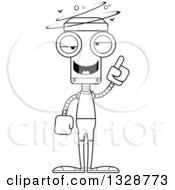 Lineart Clipart Of A Cartoon Black And White Skinny Drunk Or Dizzy Fit Robot Royalty Free Outline Vector Illustration