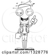 Lineart Clipart Of A Cartoon Black And White Skinny Drunk Or Dizzy Robot Hiker Royalty Free Outline Vector Illustration