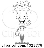 Lineart Clipart Of A Cartoon Black And White Skinny Drunk Or Dizzy Jester Robot Royalty Free Outline Vector Illustration