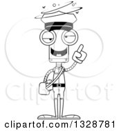 Lineart Clipart Of A Cartoon Black And White Skinny Drunk Or Dizzy Robot Mailman Royalty Free Outline Vector Illustration