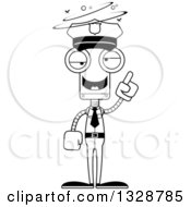 Lineart Clipart Of A Cartoon Black And White Skinny Drunk Or Dizzy Robot Police Officer Royalty Free Outline Vector Illustration