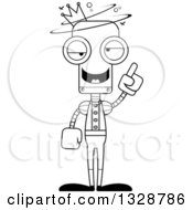 Lineart Clipart Of A Cartoon Black And White Skinny Drunk Or Dizzy Prince Robot Royalty Free Outline Vector Illustration
