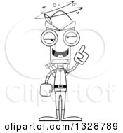 Lineart Clipart Of A Cartoon Black And White Skinny Drunk Or Dizzy Robin Hood Robot Royalty Free Outline Vector Illustration