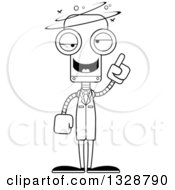 Lineart Clipart Of A Cartoon Black And White Skinny Drunk Or Dizzy Scientist Robot Royalty Free Outline Vector Illustration